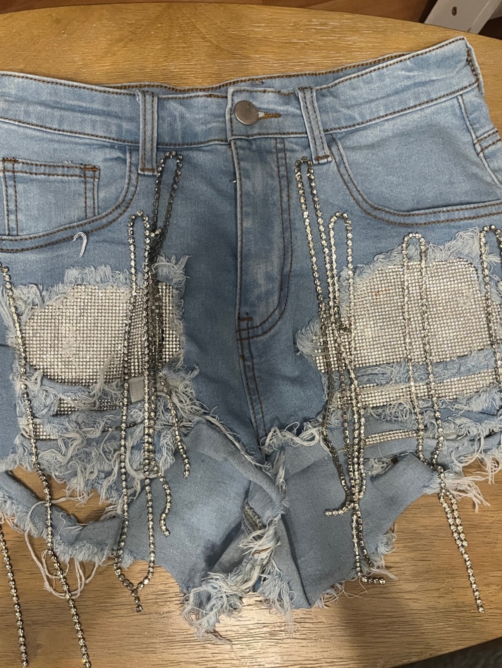 Hot & Delicious Light Blue Rhinestone Fringe Distressed Denim Shorts